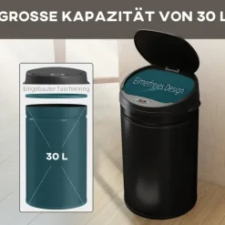 HOMCOM Mülleimer mit Sensor 30L Edelstahl Automatischer Leiser Mülleimer mit Soft-Close-Deckel, Bewegungssensor, Fingerabdruckresistente Abfalleimer für Büro, Schlafzimmer, Küchen Schwarz