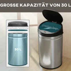 HOMCOM Mülleimer mit Sensor 30L Edelstahl Automatischer Leiser Mülleimer mit Soft-Close-Deckel, Bewegungssensor, Fingerabdruckresistente Abfalleimer für Büro, Schlafzimmer, Küchen Silber