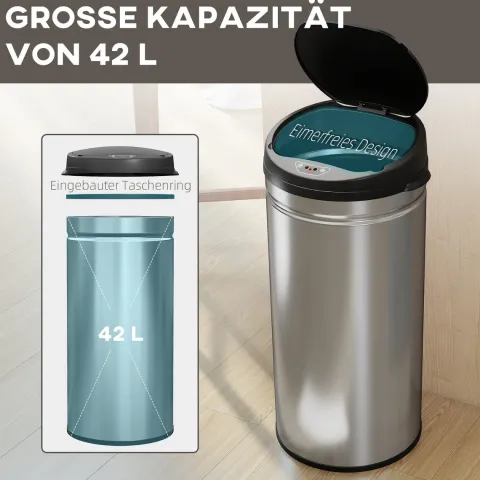 HOMCOM Mülleimer mit Sensor 42L Edelstahl Automatischer Leiser Mülleimer mit Soft-Close-Deckel, Bewegungssensor, Fingerabdruckresistente Abfalleimer für Büro, Schlafzimmer, Küchen Silber