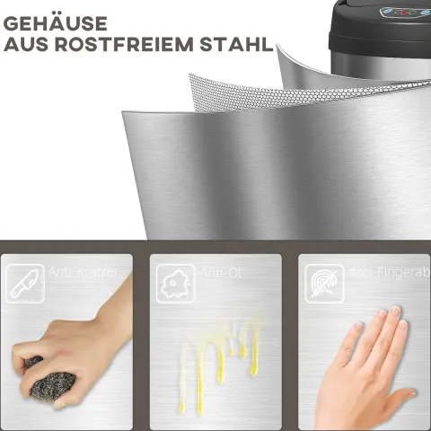 HOMCOM Mülleimer mit Sensor 42L Edelstahl Automatischer Leiser Mülleimer mit Soft-Close-Deckel, Bewegungssensor, Fingerabdruckresistente Abfalleimer für Büro, Schlafzimmer, Küchen Silber