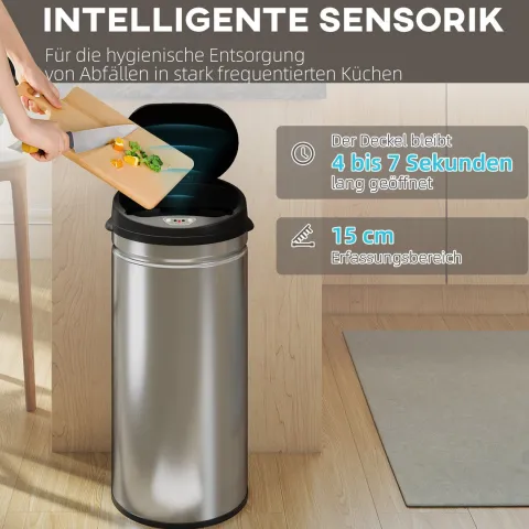 HOMCOM Mülleimer mit Sensor 42L Edelstahl Automatischer Leiser Mülleimer mit Soft-Close-Deckel, Bewegungssensor, Fingerabdruckresistente Abfalleimer für Büro, Schlafzimmer, Küchen Silber