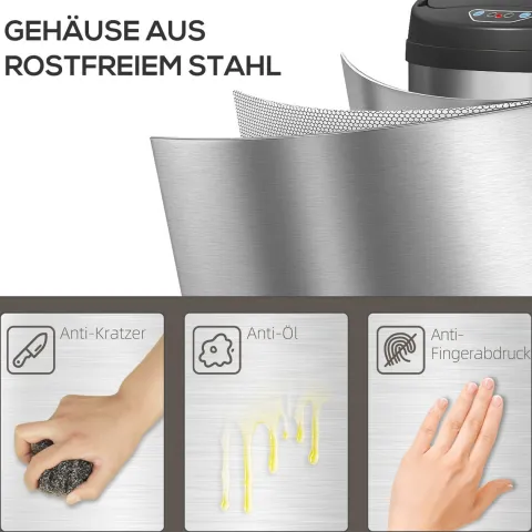 HOMCOM Mülleimer mit Sensor 50L Edelstahl Automatischer Leiser Mülleimer mit Soft-Close-Deckel, Bewegungssensor, Fingerabdruckresistente Abfalleimer für Büro, Schlafzimmer, Küchen Silber