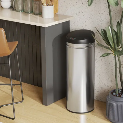 HOMCOM Mülleimer mit Sensor 50L Edelstahl Automatischer Leiser Mülleimer mit Soft-Close-Deckel, Bewegungssensor, Fingerabdruckresistente Abfalleimer für Büro, Schlafzimmer, Küchen Silber
