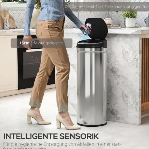 HOMCOM Mülleimer mit Sensor 50L Edelstahl Automatischer Leiser Mülleimer mit Soft-Close-Deckel, Bewegungssensor, Fingerabdruckresistente Abfalleimer für Büro, Schlafzimmer, Küchen Silber