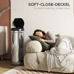 HOMCOM Mülleimer mit Sensor 50L Edelstahl Automatischer Leiser Mülleimer mit Soft-Close-Deckel, Bewegungssensor, Fingerabdruckresistente Abfalleimer für Büro, Schlafzimmer, Küchen Silber