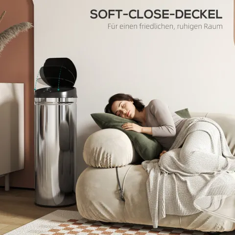 HOMCOM Mülleimer mit Sensor 50L Edelstahl Automatischer Leiser Mülleimer mit Soft-Close-Deckel, Bewegungssensor, Fingerabdruckresistente Abfalleimer für Büro, Schlafzimmer, Küchen Silber