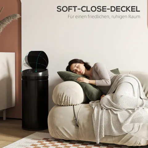HOMCOM Mülleimer mit Sensor 42L Edelstahl Automatischer Leiser Mülleimer mit Soft-Close-Deckel, Bewegungssensor, Fingerabdruckresistente Abfalleimer für Büro, Schlafzimmer, Küchen Schwarz