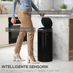 HOMCOM Mülleimer mit Sensor 42L Edelstahl Automatischer Leiser Mülleimer mit Soft-Close-Deckel, Bewegungssensor, Fingerabdruckresistente Abfalleimer für Büro, Schlafzimmer, Küchen Schwarz