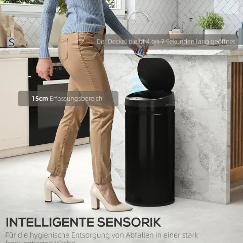 HOMCOM Mülleimer mit Sensor 42L Edelstahl Automatischer Leiser Mülleimer mit Soft-Close-Deckel, Bewegungssensor, Fingerabdruckresistente Abfalleimer für Büro, Schlafzimmer, Küchen Schwarz