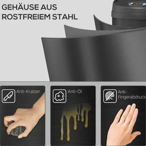 HOMCOM Mülleimer mit Sensor 50L Edelstahl Automatischer Leiser Mülleimer mit Soft-Close-Deckel, Bewegungssensor, Fingerabdruckresistente Abfalleimer für Büro, Schlafzimmer, Küchen Schwarz