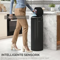 HOMCOM Mülleimer mit Sensor 50L Edelstahl Automatischer Leiser Mülleimer mit Soft-Close-Deckel, Bewegungssensor, Fingerabdruckresistente Abfalleimer für Büro, Schlafzimmer, Küchen Schwarz