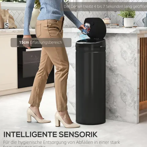HOMCOM Mülleimer mit Sensor 50L Edelstahl Automatischer Leiser Mülleimer mit Soft-Close-Deckel, Bewegungssensor, Fingerabdruckresistente Abfalleimer für Büro, Schlafzimmer, Küchen Schwarz