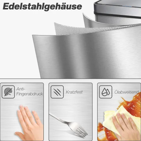 HOMCOM Mülleimer mit Sensor 50L Edelstahl Leiser Automatischer Abfalleimer mit Soft-Close-Deckel, Fingerabdruckresistente Mülleimer für Küchen, Büro, Schlafzimmer, Silber