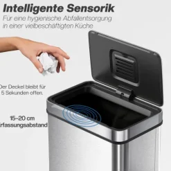 HOMCOM Mülleimer mit Sensor 50L Edelstahl Leiser Automatischer Abfalleimer mit Soft-Close-Deckel, Fingerabdruckresistente Mülleimer für Küchen, Büro, Schlafzimmer, Silber