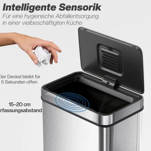 HOMCOM Mülleimer mit Sensor 50L Edelstahl Leiser Automatischer Abfalleimer mit Soft-Close-Deckel, Fingerabdruckresistente Mülleimer für Küchen, Büro, Schlafzimmer, Silber