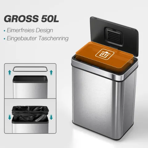 HOMCOM Mülleimer mit Sensor 50L Edelstahl Leiser Automatischer Abfalleimer mit Soft-Close-Deckel, Fingerabdruckresistente Mülleimer für Küchen, Büro, Schlafzimmer, Silber