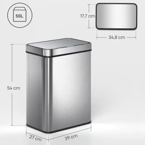 HOMCOM Mülleimer mit Sensor 50L Edelstahl Leiser Automatischer Abfalleimer mit Soft-Close-Deckel, Fingerabdruckresistente Mülleimer für Küchen, Büro, Schlafzimmer, Silber