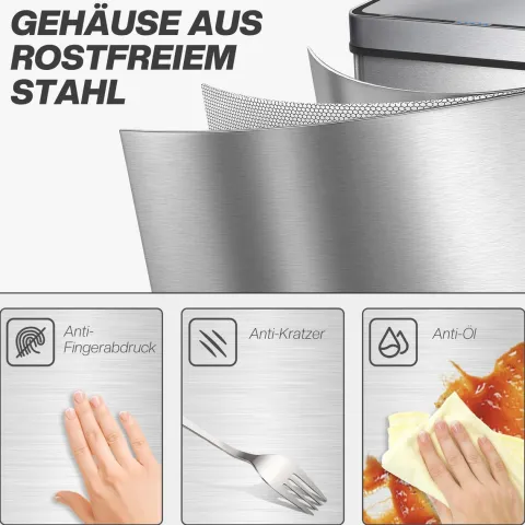 HOMCOM Mülleimer mit Sensor 60L Edelstahl Leiser Automatischer Abfalleimer mit Soft-Close-Deckel, Fingerabdruckresistente Mülleimer für Küchen, Büro, Schlafzimmer, Silber