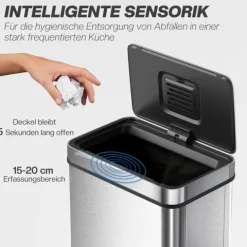 HOMCOM Mülleimer mit Sensor 60L Edelstahl Leiser Automatischer Abfalleimer mit Soft-Close-Deckel, Fingerabdruckresistente Mülleimer für Küchen, Büro, Schlafzimmer, Silber