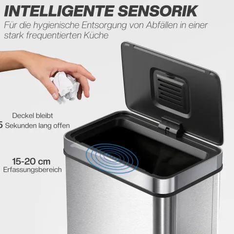 HOMCOM Mülleimer mit Sensor 60L Edelstahl Leiser Automatischer Abfalleimer mit Soft-Close-Deckel, Fingerabdruckresistente Mülleimer für Küchen, Büro, Schlafzimmer, Silber