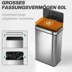 HOMCOM Mülleimer mit Sensor 60L Edelstahl Leiser Automatischer Abfalleimer mit Soft-Close-Deckel, Fingerabdruckresistente Mülleimer für Küchen, Büro, Schlafzimmer, Silber