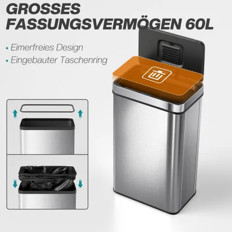 HOMCOM Mülleimer mit Sensor 60L Edelstahl Leiser Automatischer Abfalleimer mit Soft-Close-Deckel, Fingerabdruckresistente Mülleimer für Küchen, Büro, Schlafzimmer, Silber