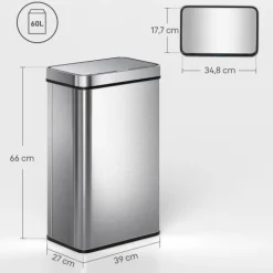 HOMCOM Mülleimer mit Sensor 60L Edelstahl Leiser Automatischer Abfalleimer mit Soft-Close-Deckel, Fingerabdruckresistente Mülleimer für Küchen, Büro, Schlafzimmer, Silber