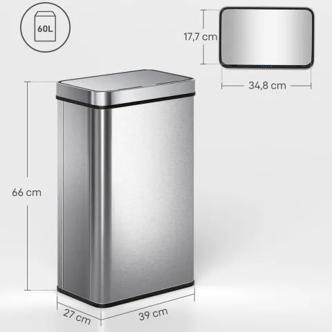 HOMCOM Mülleimer mit Sensor 60L Edelstahl Leiser Automatischer Abfalleimer mit Soft-Close-Deckel, Fingerabdruckresistente Mülleimer für Küchen, Büro, Schlafzimmer, Silber