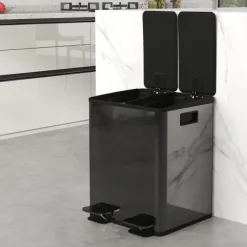HOMCOM Mülleimer 2 x 20L Abfalleimer aus Edelstahl Mülltrennsystem mit Softclose Deckel, Herausnehmbare Inneneimer, Deodorant-Fächern Treteimer für Wohnung, Schwarz