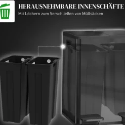 HOMCOM Mülleimer 2 x 20L Abfalleimer aus Edelstahl Mülltrennsystem mit Softclose Deckel, Herausnehmbare Inneneimer, Deodorant-Fächern Treteimer für Wohnung, Schwarz
