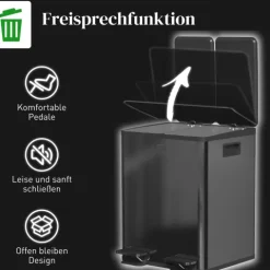 HOMCOM Mülleimer 2 x 20L Abfalleimer aus Edelstahl Mülltrennsystem mit Softclose Deckel, Herausnehmbare Inneneimer, Deodorant-Fächern Treteimer für Wohnung, Schwarz