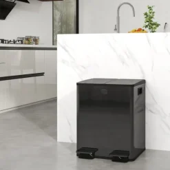 HOMCOM Mülleimer 2 x 20L Abfalleimer aus Edelstahl Mülltrennsystem mit Softclose Deckel, Herausnehmbare Inneneimer, Deodorant-Fächern Treteimer für Wohnung, Schwarz