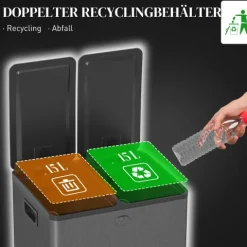 HOMCOM Mülleimer 2 x 15L Abfalleimer aus Edelstahl Mülltrennsystem mit Softclose Deckel, Herausnehmbare Inneneimer, Deodorant-Fächern Treteimer für Wohnung, Schwarz