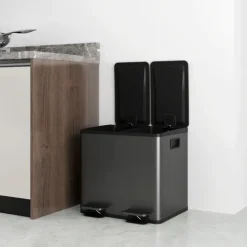 HOMCOM Mülleimer 2 x 15L Abfalleimer aus Edelstahl Mülltrennsystem mit Softclose Deckel, Herausnehmbare Inneneimer, Deodorant-Fächern Treteimer für Wohnung, Schwarz
