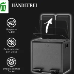 HOMCOM Mülleimer 2 x 15L Abfalleimer aus Edelstahl Mülltrennsystem mit Softclose Deckel, Herausnehmbare Inneneimer, Deodorant-Fächern Treteimer für Wohnung, Schwarz