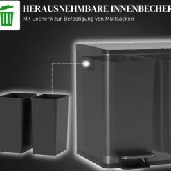 HOMCOM Mülleimer 2 x 15L Abfalleimer aus Edelstahl Mülltrennsystem mit Softclose Deckel, Herausnehmbare Inneneimer, Deodorant-Fächern Treteimer für Wohnung, Schwarz