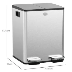 HOMCOM Mülleimer 2 x 20L Abfalleimer aus Edelstahl Mülltrennsystem mit Softclose Deckel, Herausnehmbare Inneneimer, Deodorant-Fächern Treteimer für Wohnung, Silber