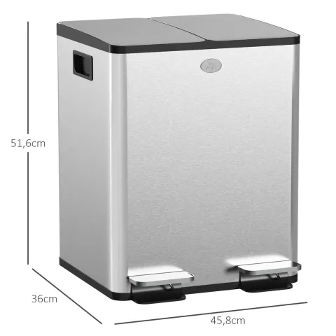 HOMCOM Mülleimer 2 x 20L Abfalleimer aus Edelstahl Mülltrennsystem mit Softclose Deckel, Herausnehmbare Inneneimer, Deodorant-Fächern Treteimer für Wohnung, Silber