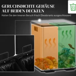 HOMCOM Mülleimer 2 x 20L Abfalleimer aus Edelstahl Mülltrennsystem mit Softclose Deckel, Herausnehmbare Inneneimer, Deodorant-Fächern Treteimer für Wohnung, Silber