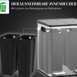 HOMCOM Mülleimer 2 x 20L Abfalleimer aus Edelstahl Mülltrennsystem mit Softclose Deckel, Herausnehmbare Inneneimer, Deodorant-Fächern Treteimer für Wohnung, Silber