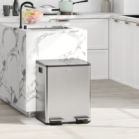 HOMCOM Mülleimer 2 x 20L Abfalleimer aus Edelstahl Mülltrennsystem mit Softclose Deckel, Herausnehmbare Inneneimer, Deodorant-Fächern Treteimer für Wohnung, Silber