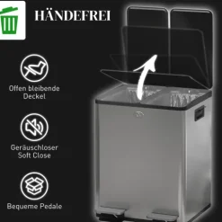 HOMCOM Mülleimer 2 x 20L Abfalleimer aus Edelstahl Mülltrennsystem mit Softclose Deckel, Herausnehmbare Inneneimer, Deodorant-Fächern Treteimer für Wohnung, Silber