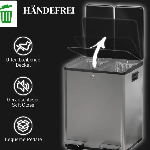 HOMCOM Mülleimer 2 x 20L Abfalleimer aus Edelstahl Mülltrennsystem mit Softclose Deckel, Herausnehmbare Inneneimer, Deodorant-Fächern Treteimer für Wohnung, Silber
