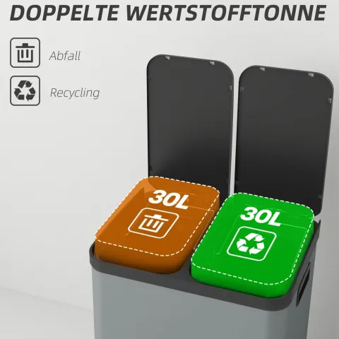 HOMCOM Mülleimer 2 x 30L Treteimer Kosmetikeimer Abfalleimer mit Deckel und Fußpedal, Müllbehälter mit Inneneimer, für Wohnzimmer, Büro, Metall, 48,8 x 39,5 x 67 cm