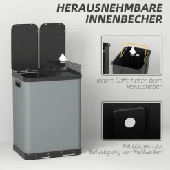 HOMCOM Mülleimer 2 x 30L Treteimer Kosmetikeimer Abfalleimer mit Deckel und Fußpedal, Müllbehälter mit Inneneimer, für Wohnzimmer, Büro, Metall, 48,8 x 39,5 x 67 cm