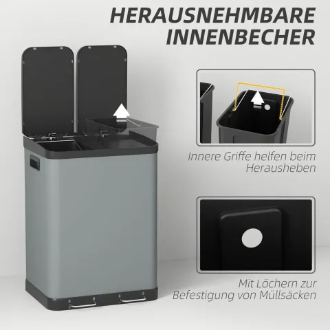 HOMCOM Mülleimer 2 x 30L Treteimer Kosmetikeimer Abfalleimer mit Deckel und Fußpedal, Müllbehälter mit Inneneimer, für Wohnzimmer, Büro, Metall, 48,8 x 39,5 x 67 cm