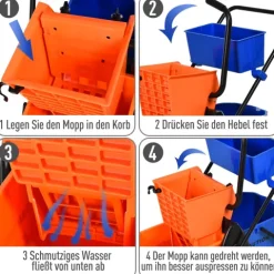 HOMCOM Putzwagen Reinigungswagen 26 Liter Wischwagen mit Wischmopp-Presse, Haushaltswagen mit Rollen Orange
