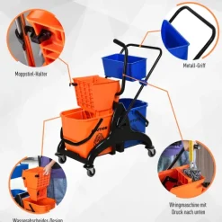 HOMCOM Putzwagen Reinigungswagen 26 Liter Wischwagen mit Wischmopp-Presse, Haushaltswagen mit Rollen Orange