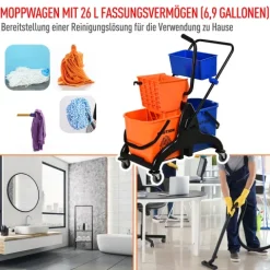 HOMCOM Putzwagen Reinigungswagen 26 Liter Wischwagen mit Wischmopp-Presse, Haushaltswagen mit Rollen Orange