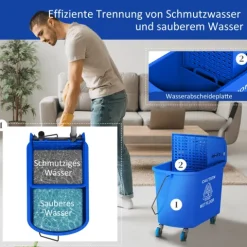 HOMCOM Putzwagen Reinigungswagen mit Wischmopp Presse 20 L Eimer mit Trennwand für Gebäudereinigung Hotel Blau